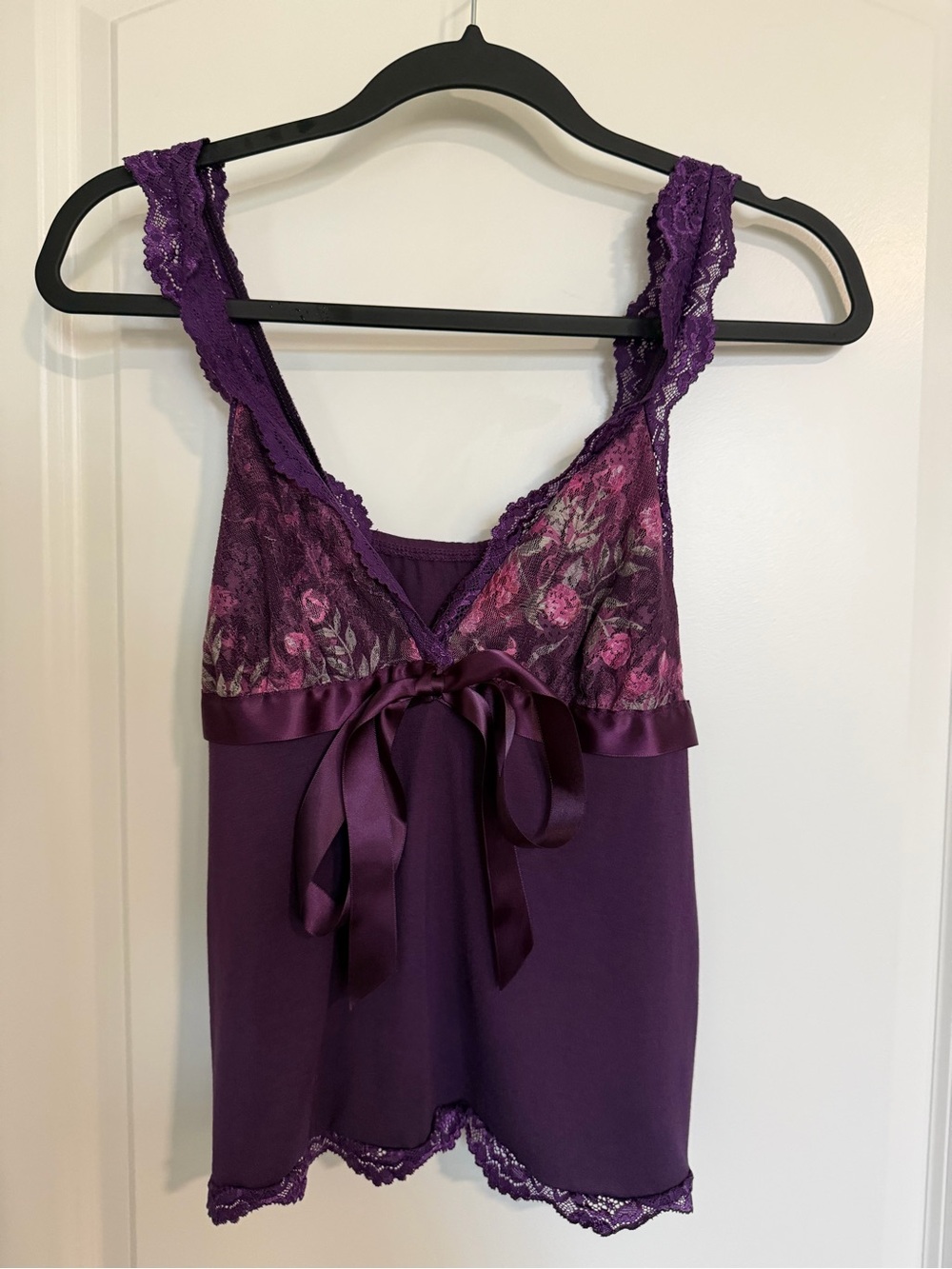 ROMWE Deep Purple Lace-Trim Satin Bow Tank